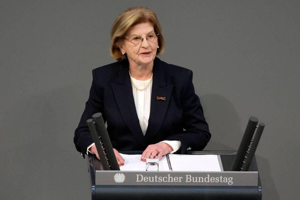 FILE - Holocaust survivor Eva Szepesi speaks to the plenary of the German Bundestag in Berlin, ...