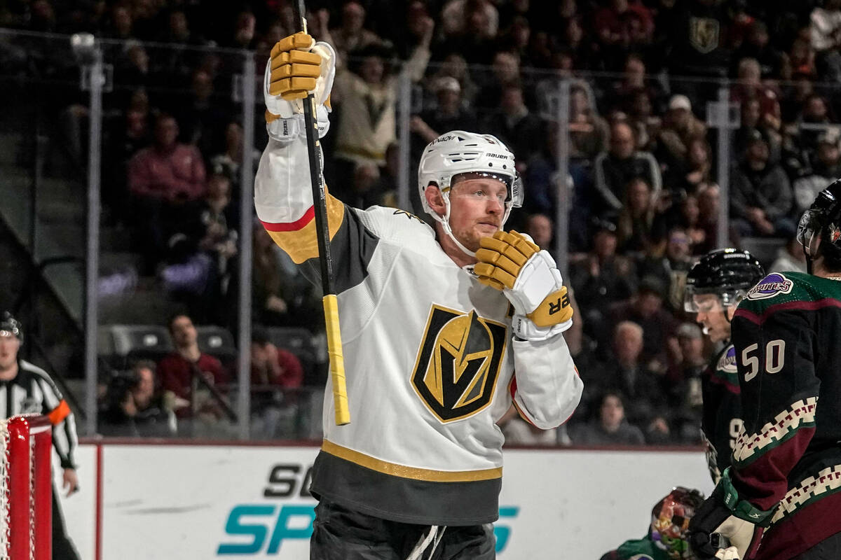 Vegas Golden Knights center Jack Eichel celebrates his goal against the Arizona Coyotes during ...