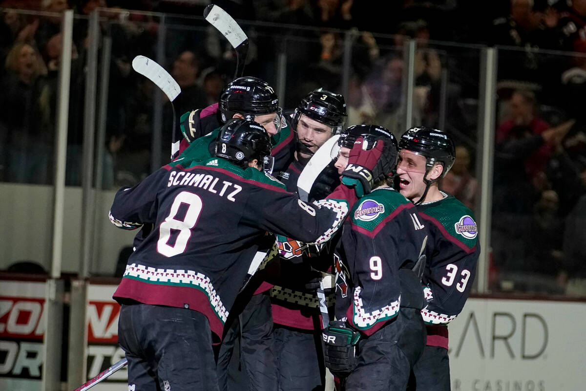 Arizona Coyotes' Nick Schmaltz (8), Nick Bjugstad (17), Josh Brown (3), Clayton Keller (9) and ...