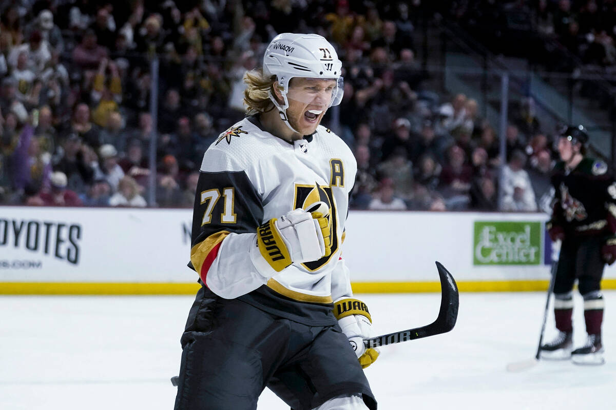 Vegas Golden Knights center William Karlsson (71) celebrates his goal against the Arizona Coyot ...