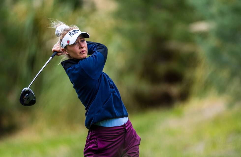 Nelly Korda drives the ball off the tee at hole #14 during the third day of the LPGA T-Mobile M ...