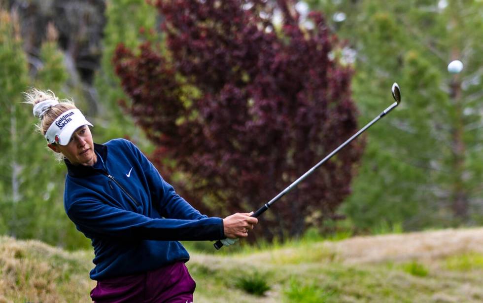 Nelly Korda chips the ball onto the green at hole #14 during the third day of the LPGA T-Mobile ...