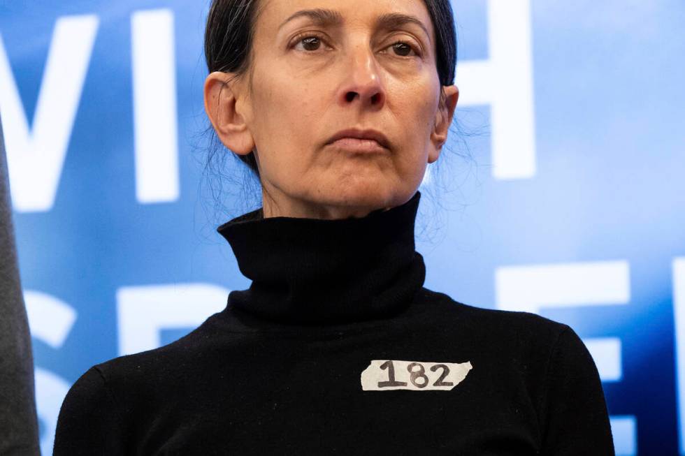 Rachel Goldberg, a mother of American hostage Hersh Goldberg-Polin, is seen wearing a sticker w ...