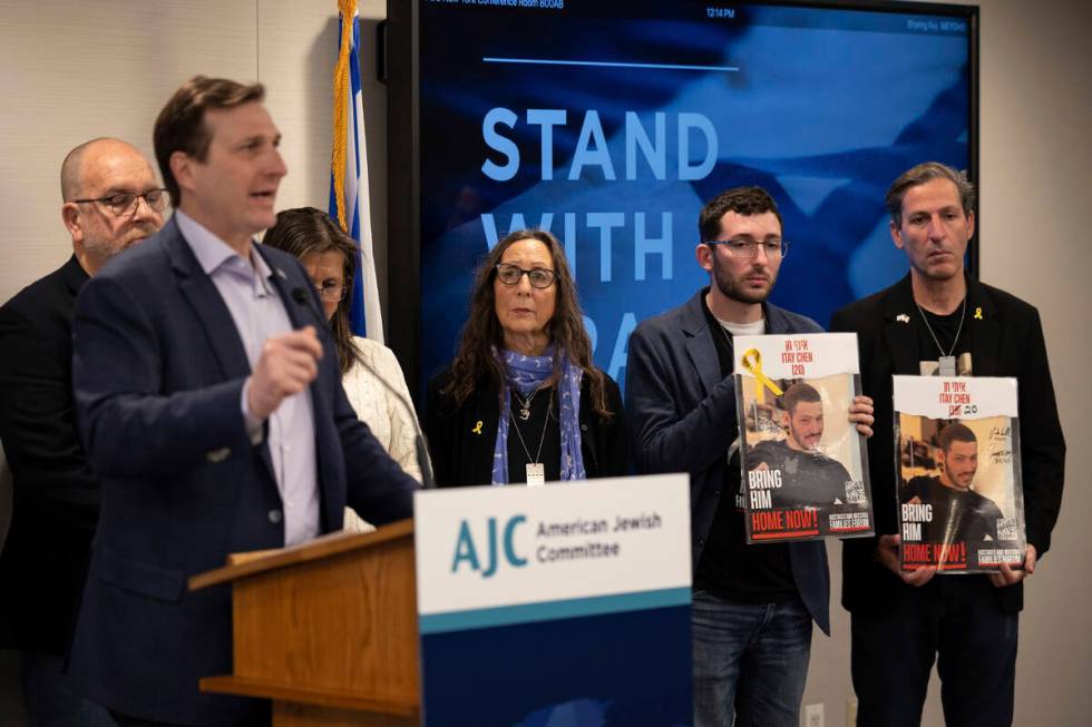 Families of American hostages in Gaza listen to Congressman Dan Goldman speaks during a press c ...