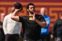 Southern California quarterback Caleb Williams throws at the school's NFL Pro Day, Wednesday, M ...