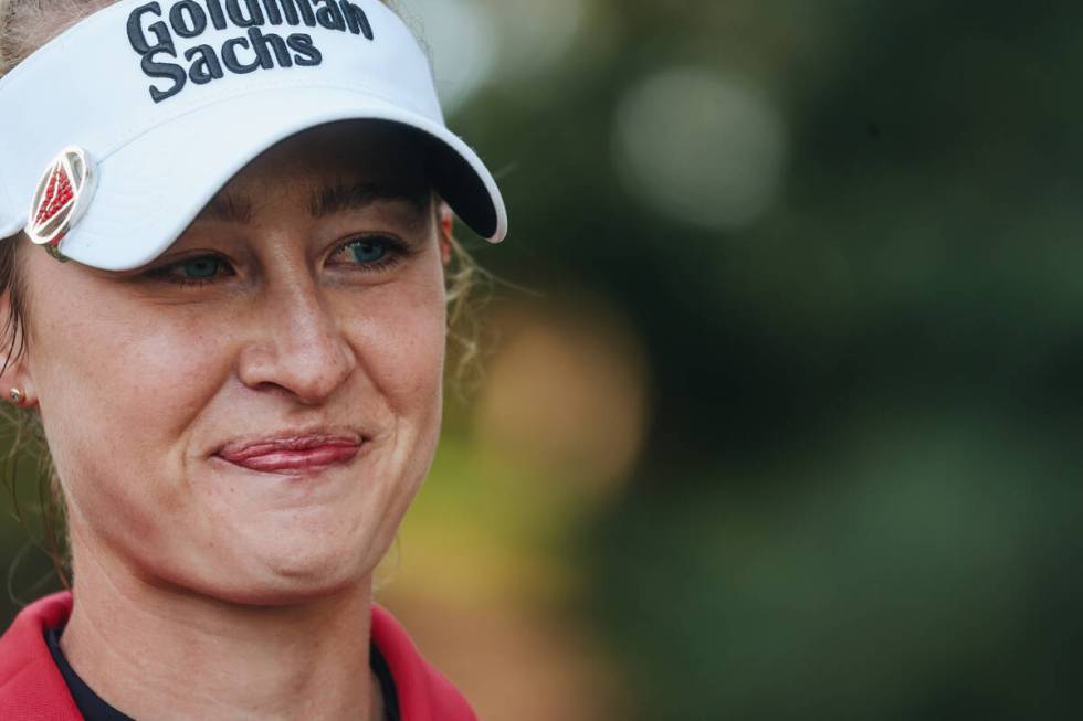 Nelly Korda celebrates winning during the T-Mobile Match Play championship match at Shadow Cree ...