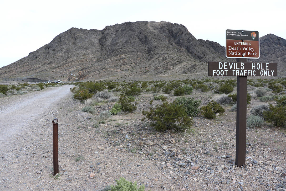 The sign marking the trail leading to Devils Hole in Death Valley National Park is seen on Sund ...