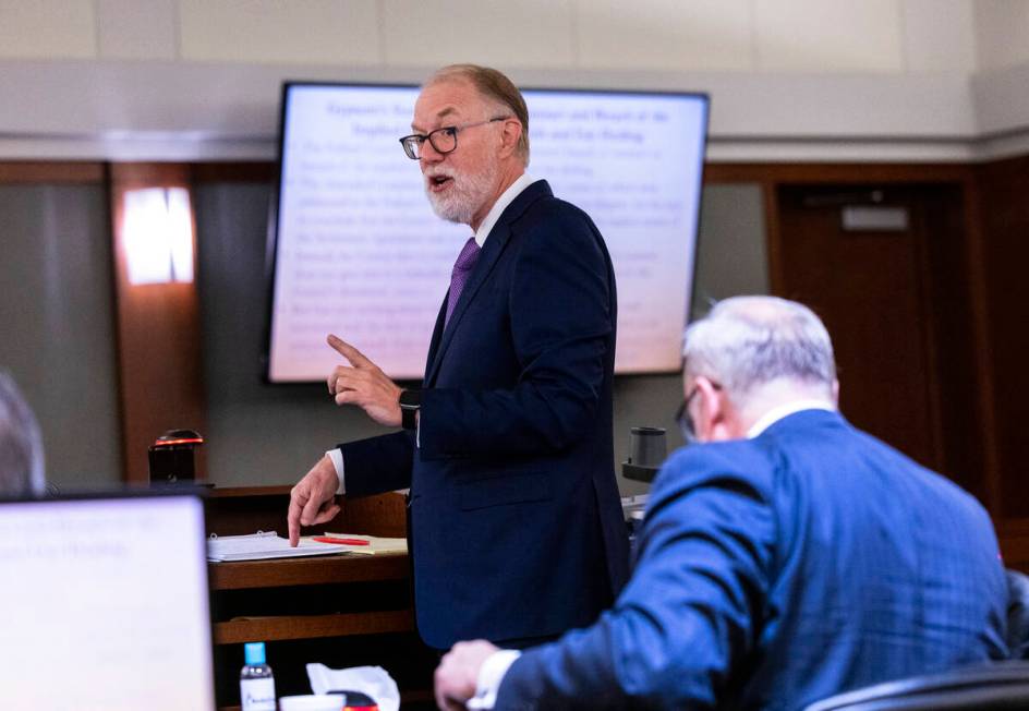 Attorney Todd Bice, left, representing Gypsum Resources, addresses the court as Attorney Tome D ...