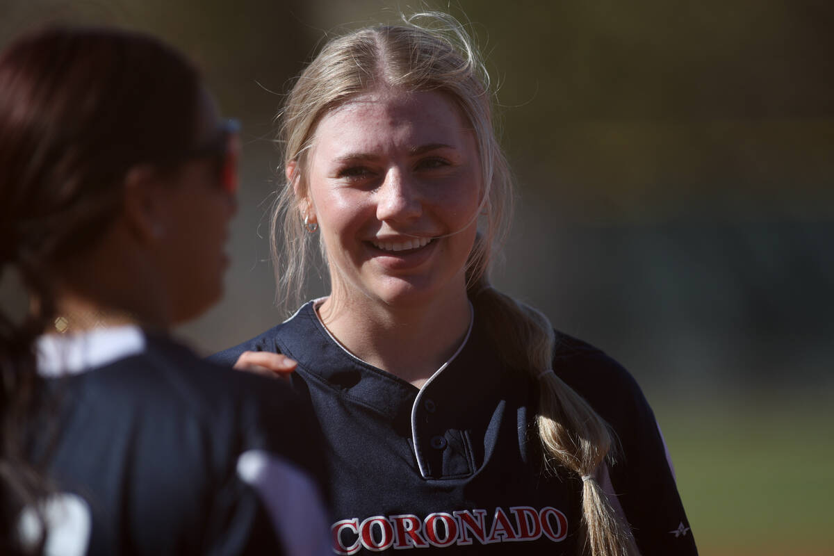 Coronado's Kendall Selitzky (9) celebrates after pitching a no-hit inning during a high school ...