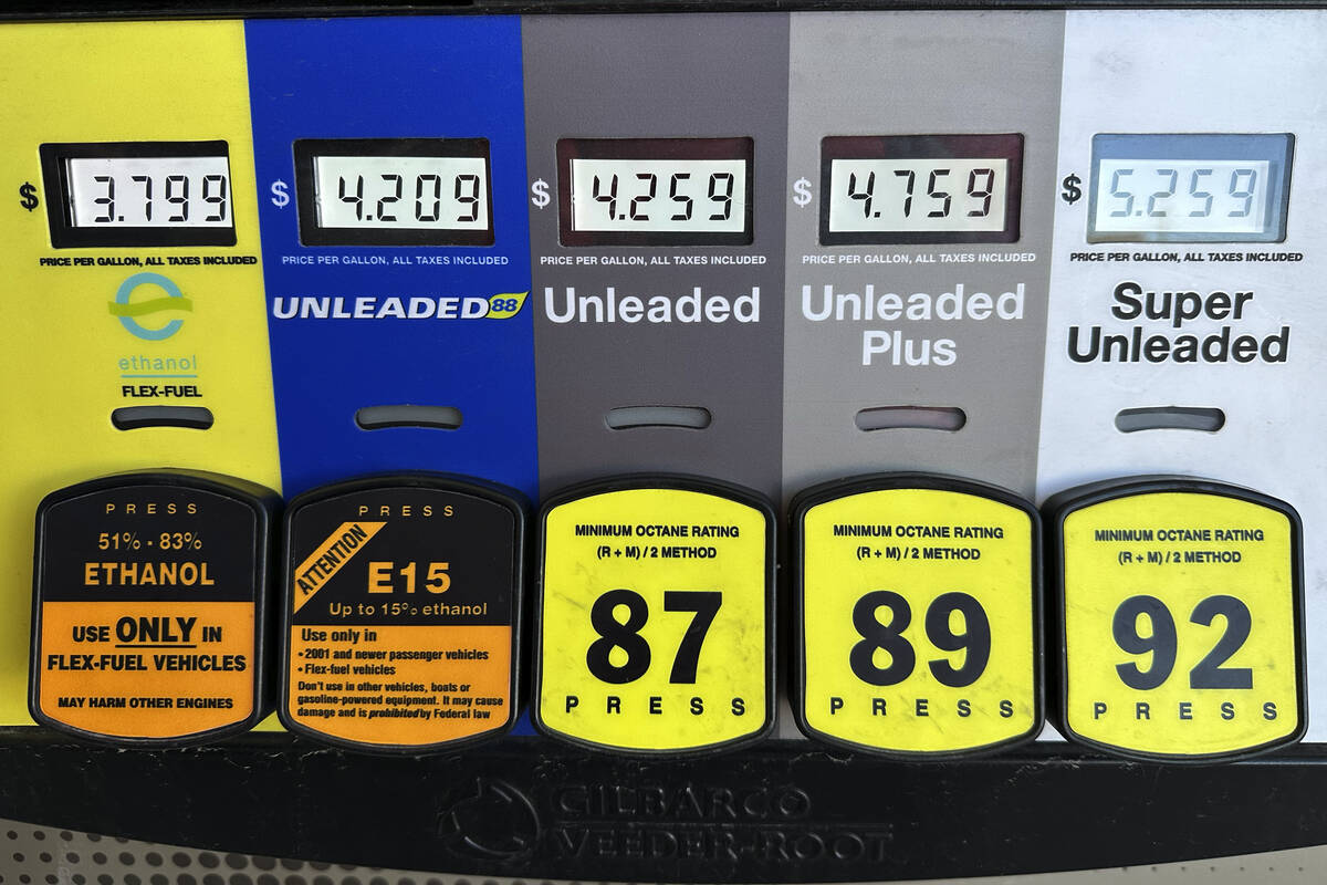 Gas prices are seen at a gas station in Riverwoods, Ill., Monday, April 1, 2024. On Wednesday, ...