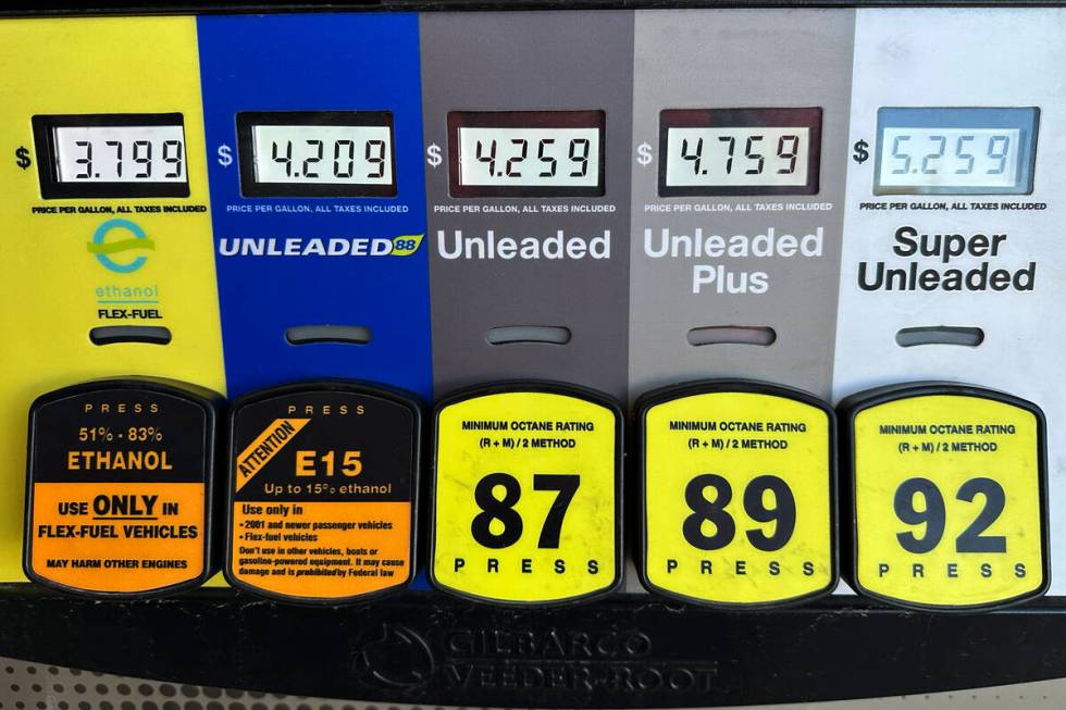 Gas prices are seen at a gas station in Riverwoods, Ill., Monday, April 1, 2024. On Wednesday, ...