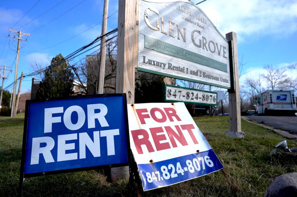 FILE - Signs for apartment rentals are displayed in Glenview, Ill., on Jan. 29, 2024. Consumer ...