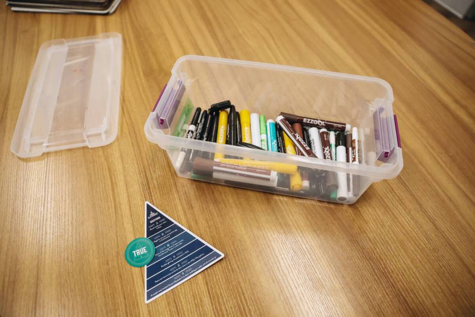 Markers and trivia questions are left on a table for a group activity at Inclusion Fusion on Fr ...