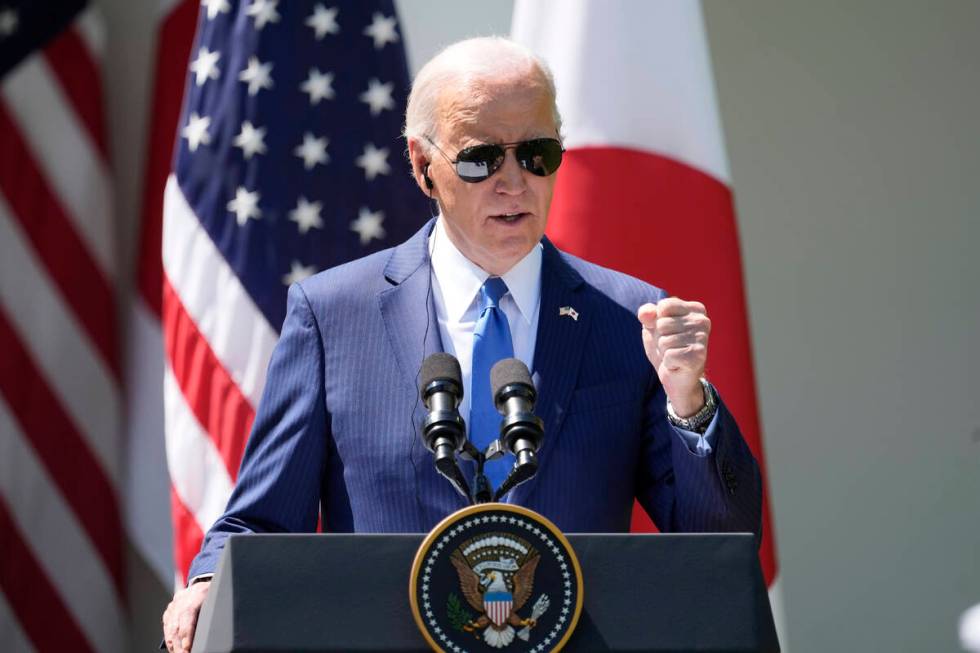 President Joe Biden speaks during a news conference with Japanese Prime Minister Fumio Kishida ...