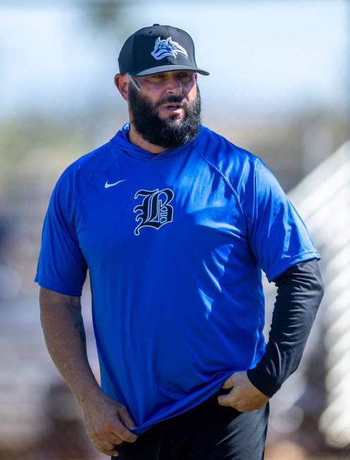 Newly named Basic head coach Gino DiMaria talks up his players in the dugout against Spring Val ...