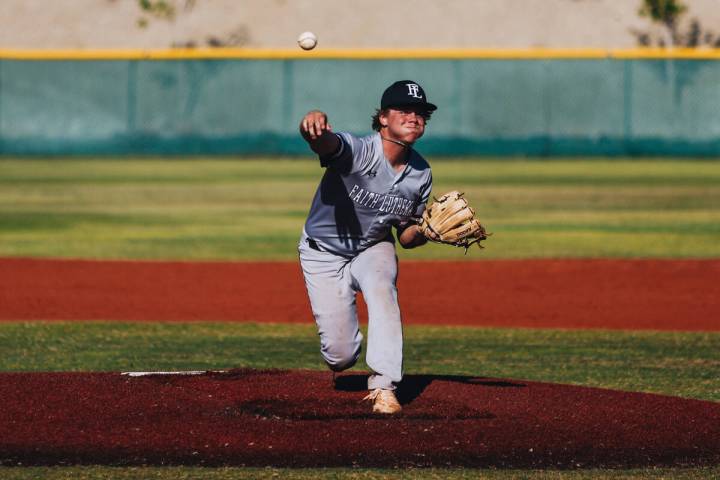 Faith Lutheran pitcher Adrian Dijkman (5) pitches from the mound during a baseball game between ...