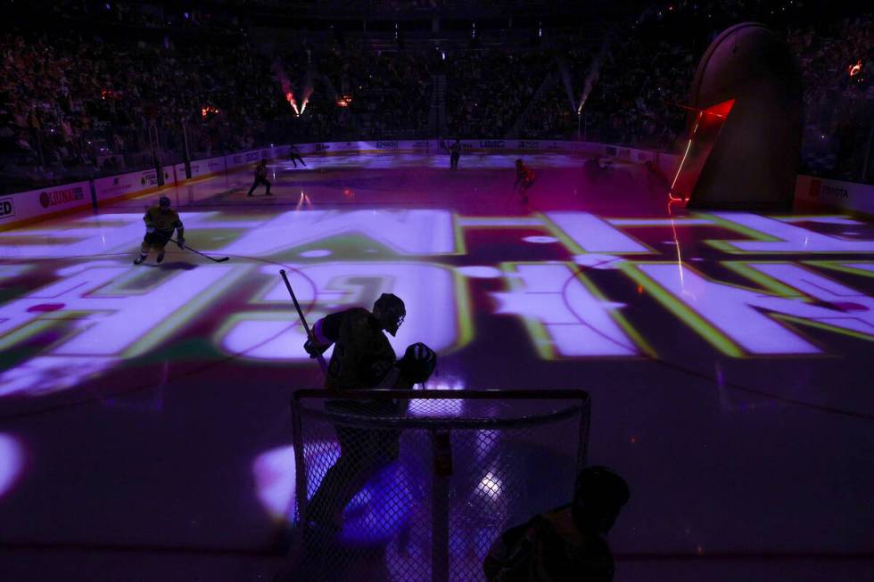The Golden Knights take the ice before an NHL hockey game against the Wild at T-Mobile Arena on ...