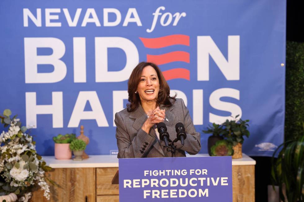 Vice President Kamala Harris speaks during a campaign event at Bottega Exchange coworking space ...