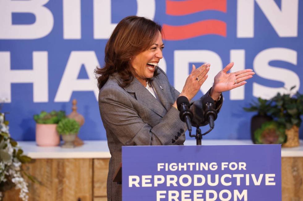 Vice President Kamala Harris speaks during a campaign event at Bottega Exchange coworking space ...