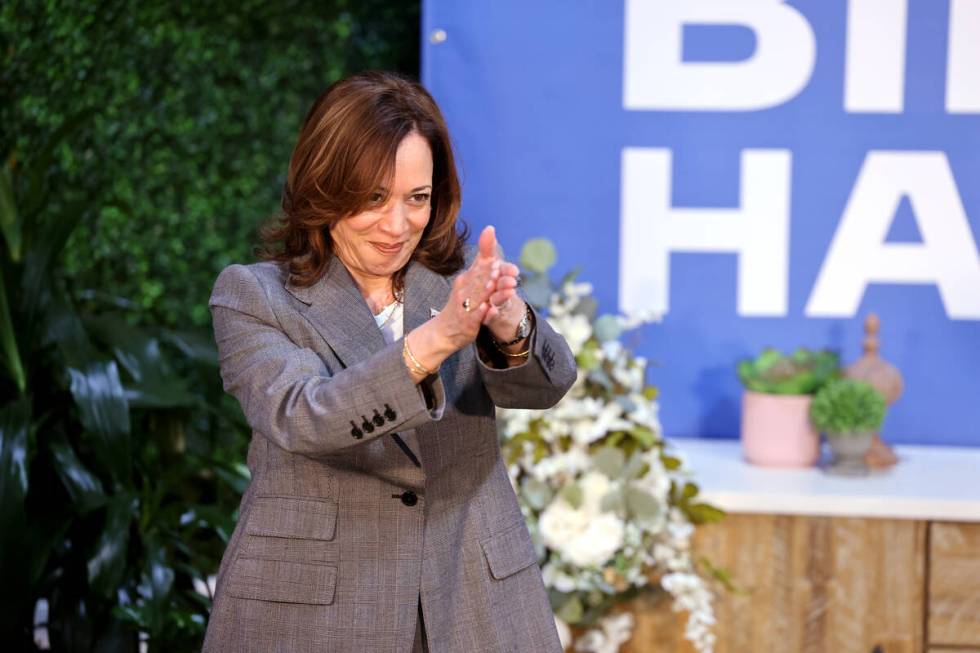 Vice President Kamala Harris acknowledges the crowd after speaking during a campaign event at B ...