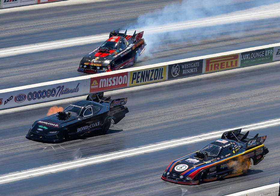 (From top) Funny Car driver Alex Miladinovich gets a little sideways as Chad Green and Jason Ru ...