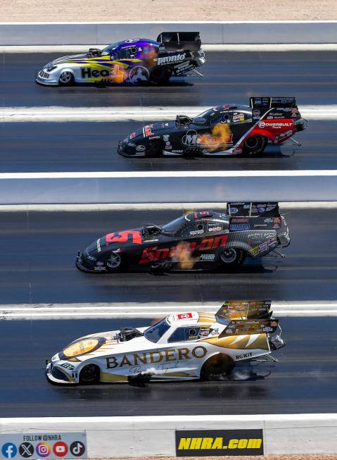 (From bottom) Funny Car drivers Alexis DeJoria, Cruz Pedregon, Paul Lee and Blake Alexander rac ...