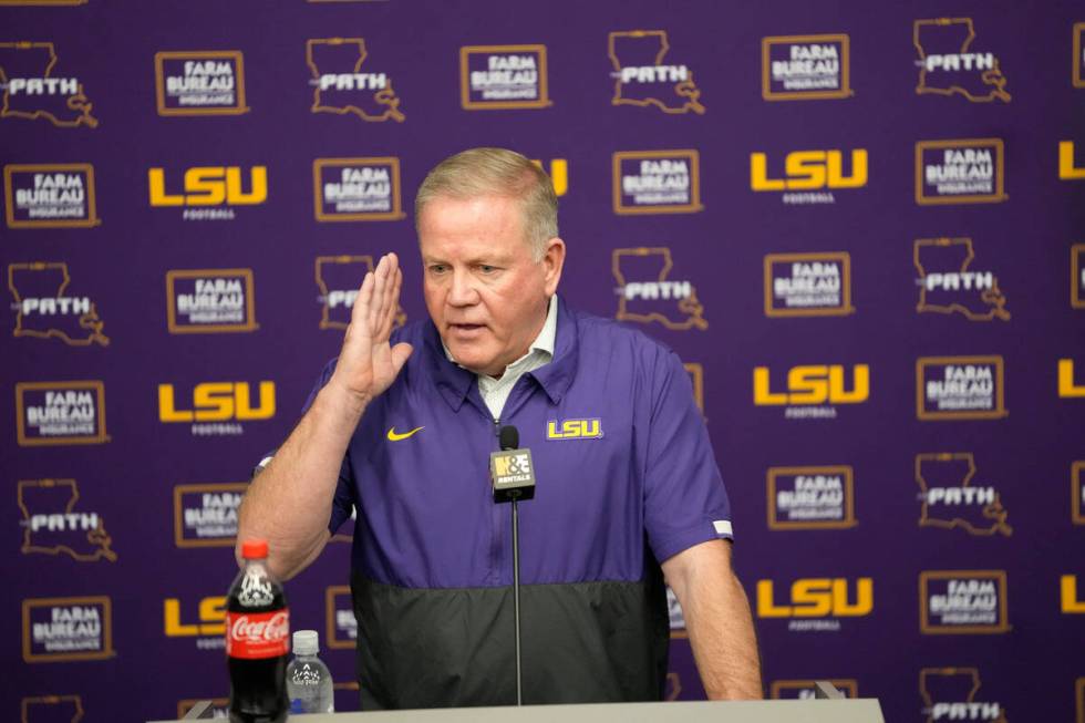 LSU head coach Brian Kelly speaks to reporters during LSU's NCAA football pro day in Baton Roug ...