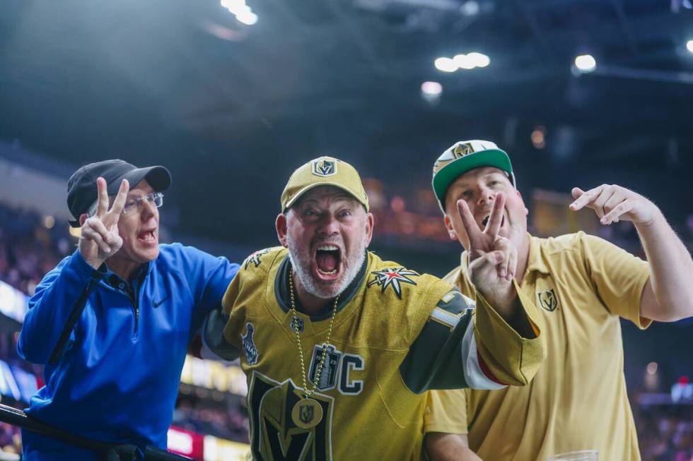 Golden knights fans celebrate their second goal of the day during an NHL hockey game between th ...