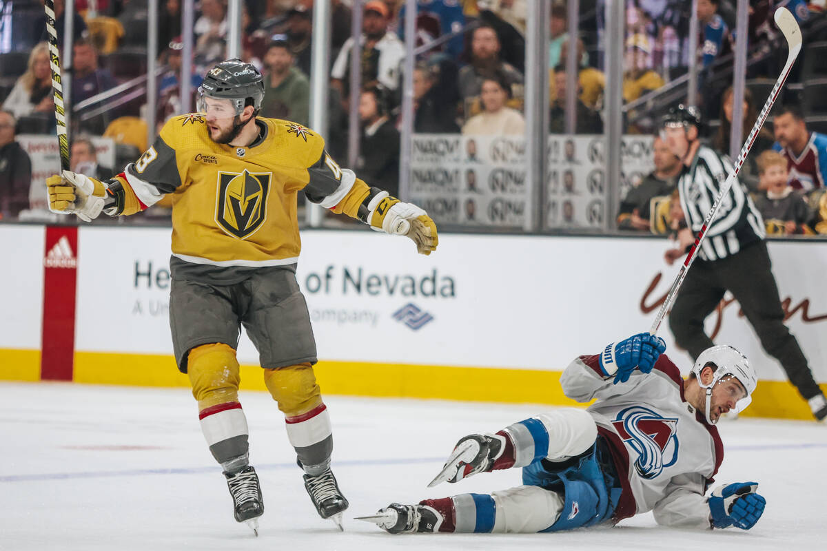 Golden Knights center Paul Cotter (43) skates away after a Colorado Avalanche opponent loses th ...