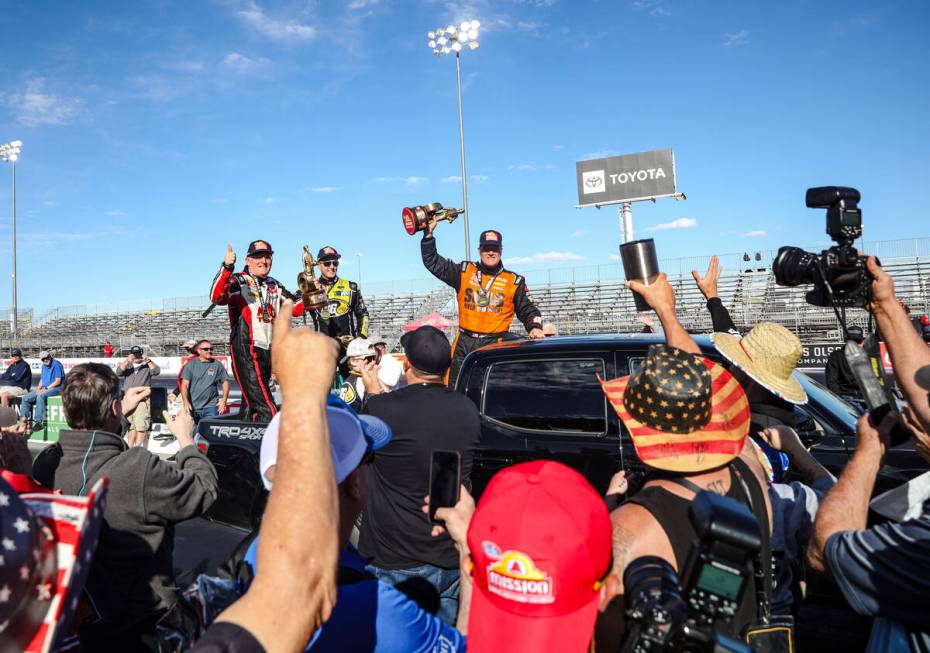 Top fuel driver Doug Kalitta, from left, funny car driver Bob Tosca, and pro stock driver Jeg C ...