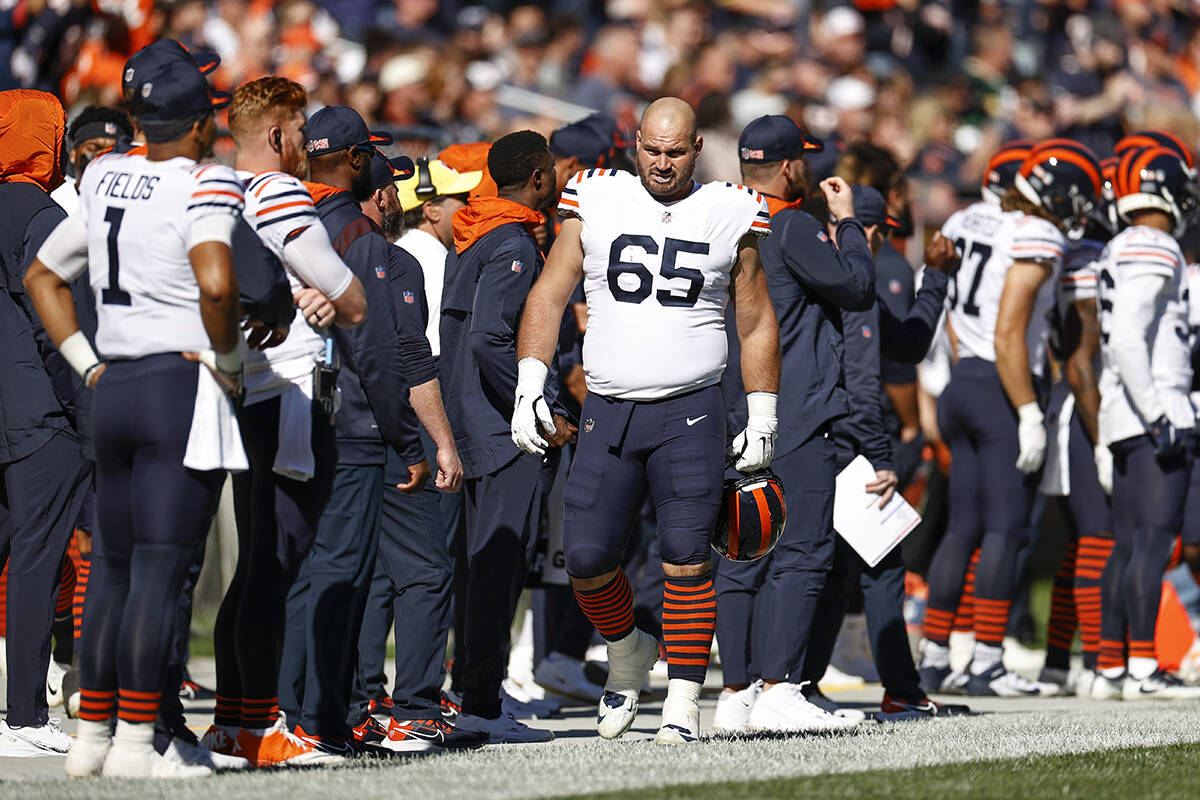 Chicago Bears guard Cody Whitehair (65) walks on the sidelines during the first half of an NFL ...