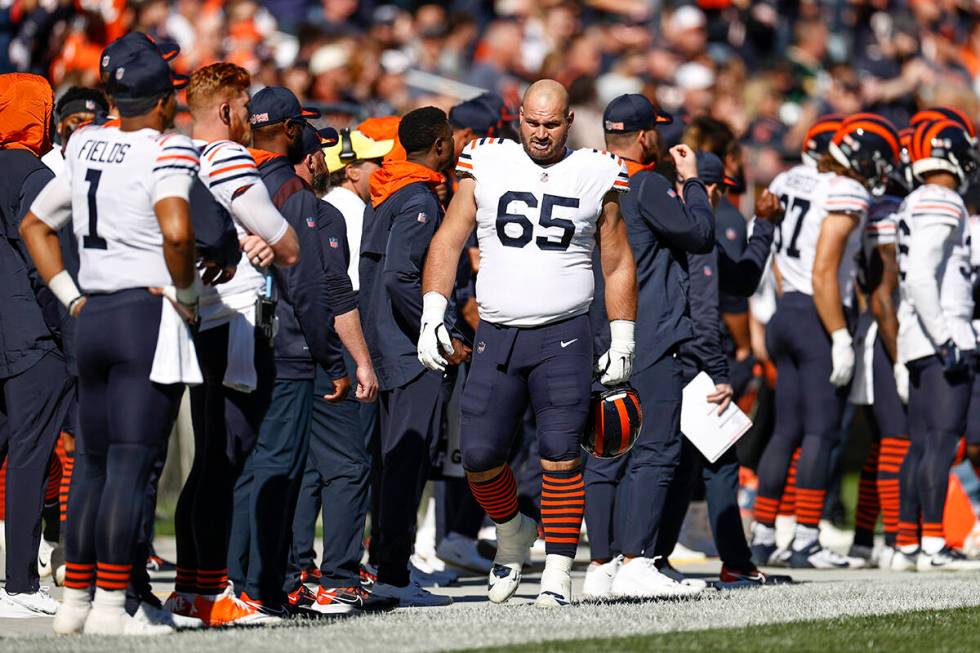 Chicago Bears guard Cody Whitehair (65) walks on the sidelines during the first half of an NFL ...