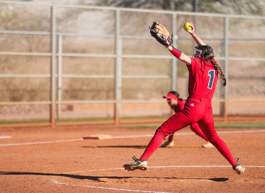 Liberty High School’s Charlotte Crittenden (1) pitches the ball in a game against Centen ...