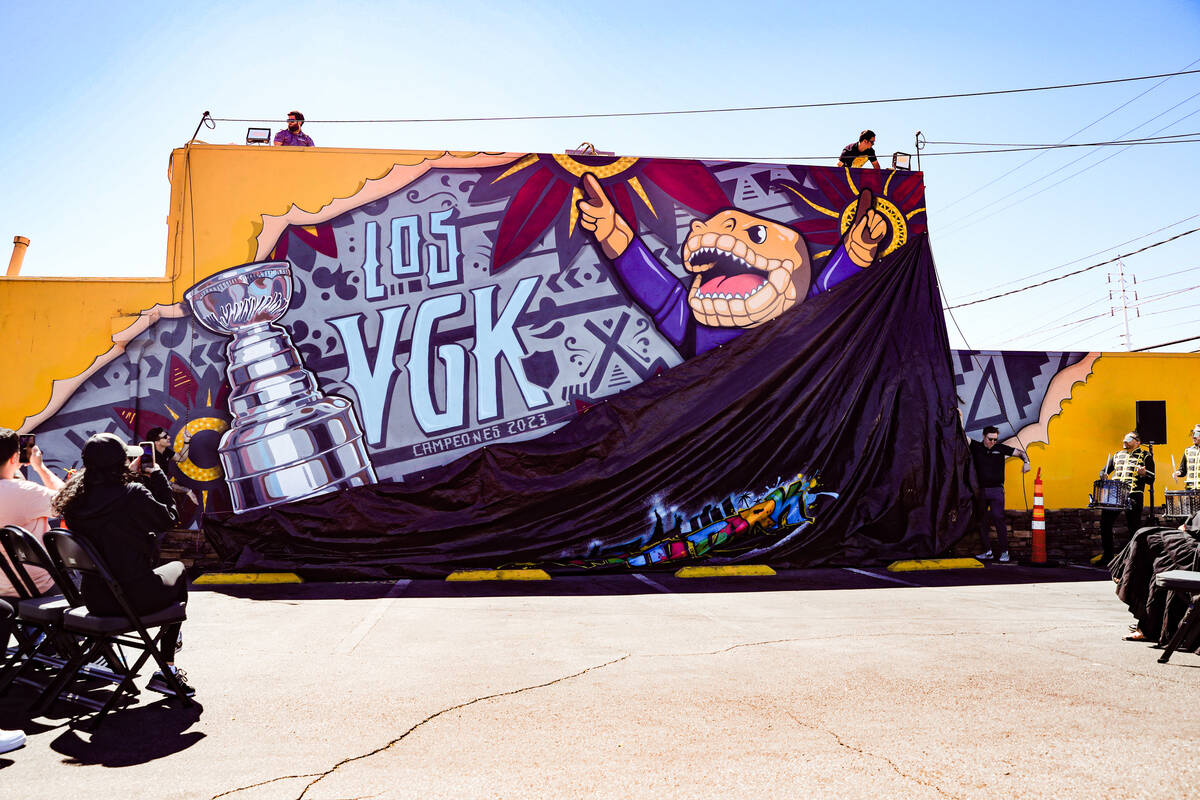A Golden Knights mural is unveiled on the side of Casa Don Juan in the Arts District in Las Veg ...