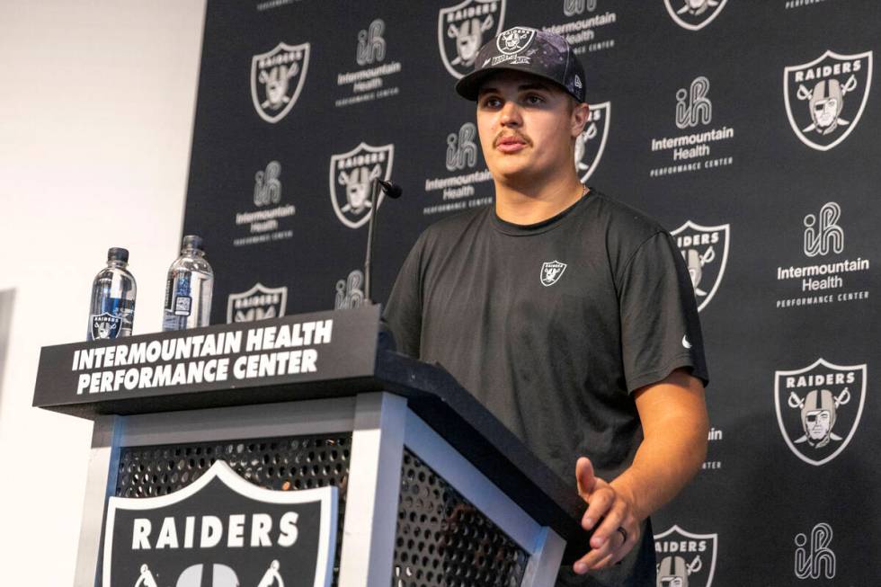 Raiders quarterback Aidan O’Connell answers questions at a media availability on the fir ...