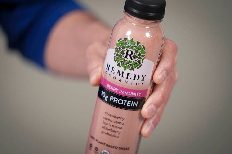 A Remedy Organics plant-based shake with prebiotics, lion's mane, and other ingredients, is sho ...