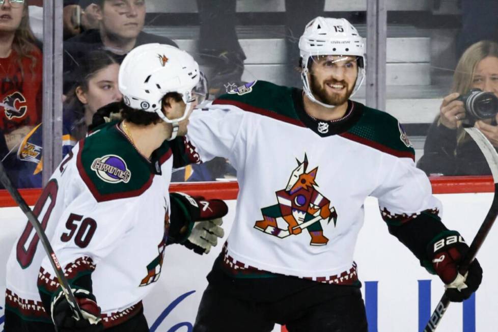 Arizona Coyotes forward Alex Kerfoot (15) celebrates his goal with teammate defenseman Sean Dur ...