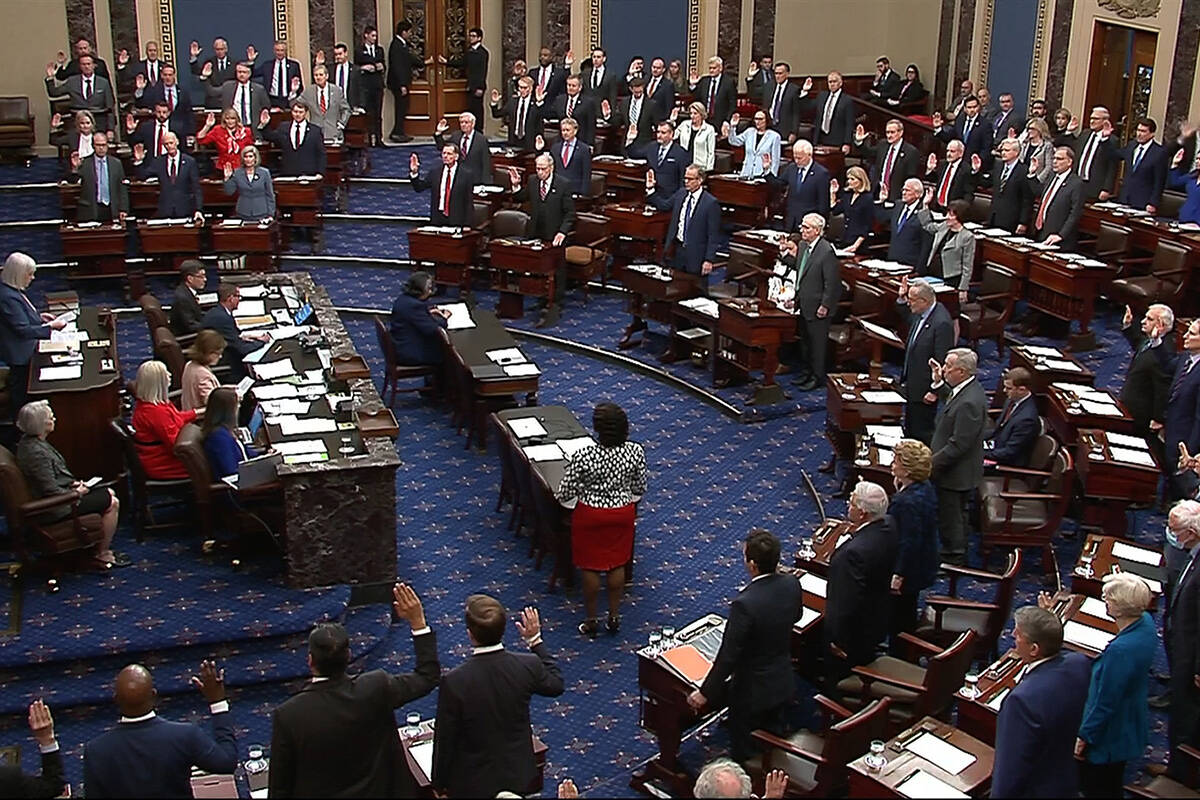 In this image from video from Senate Television, Sen. Patty Murray, D-Wash., swears senators in ...