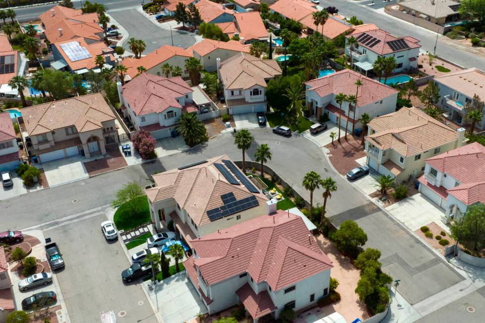 An aerial photo shows homes near Buffalo Drive, on Thursday, June 15, 2023, in Las Vegas. (Bizu ...