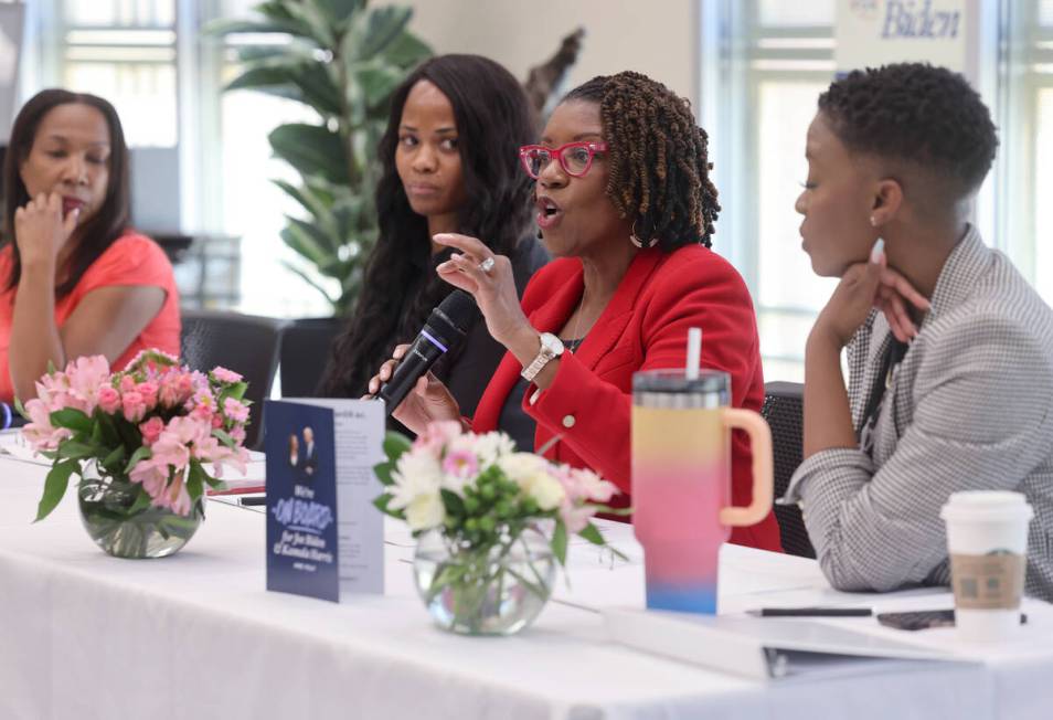 Assemblywoman Shondra Summers-Armstrong, second from right, speaks during a Biden-Harris campai ...