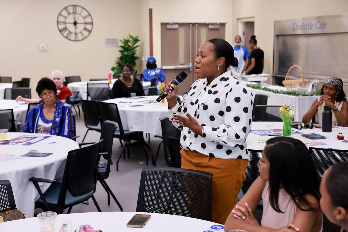 Joi Holliday Sparrow talks during a Biden-Harris campaign event marking Black Maternal Health W ...