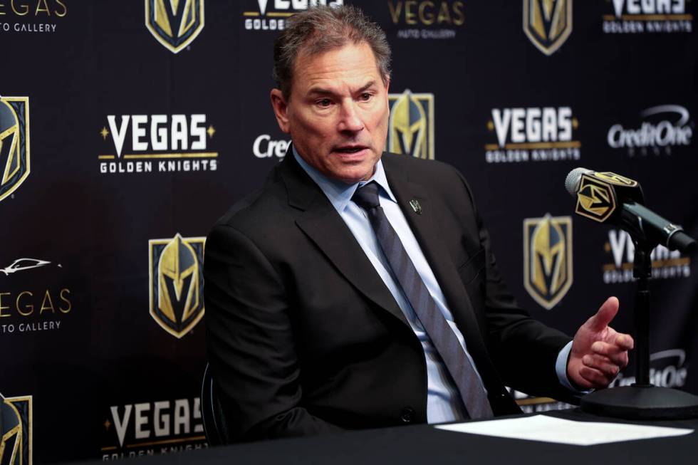 Golden Knights head coach Bruce Cassidy speaks during a news conference after an NHL hockey gam ...