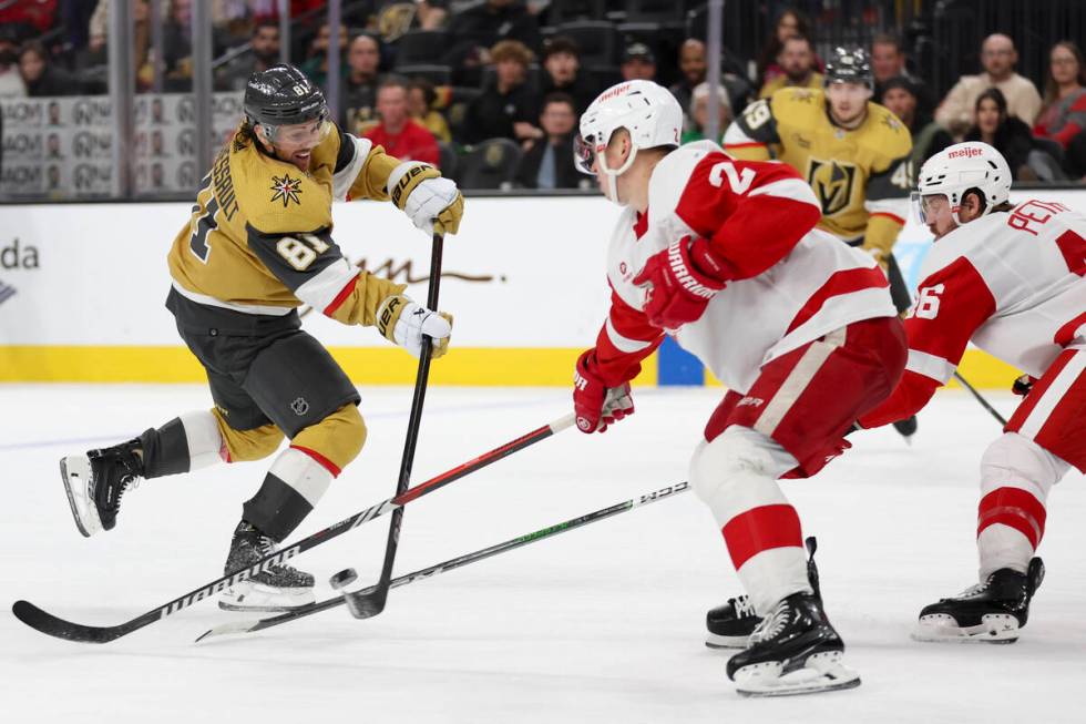 Golden Knights right wing Jonathan Marchessault (81) skates with the puck against Red Wings def ...