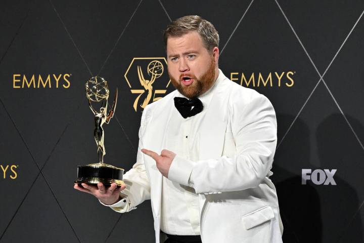 Paul Walter Hauser poses in the press room during the 75th Primetime Emmy Awards at the Peacock ...