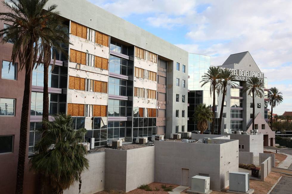 The shuttered Atrium hotel east of the Strip next to the Hard Rock Hotel photographed on Wednes ...