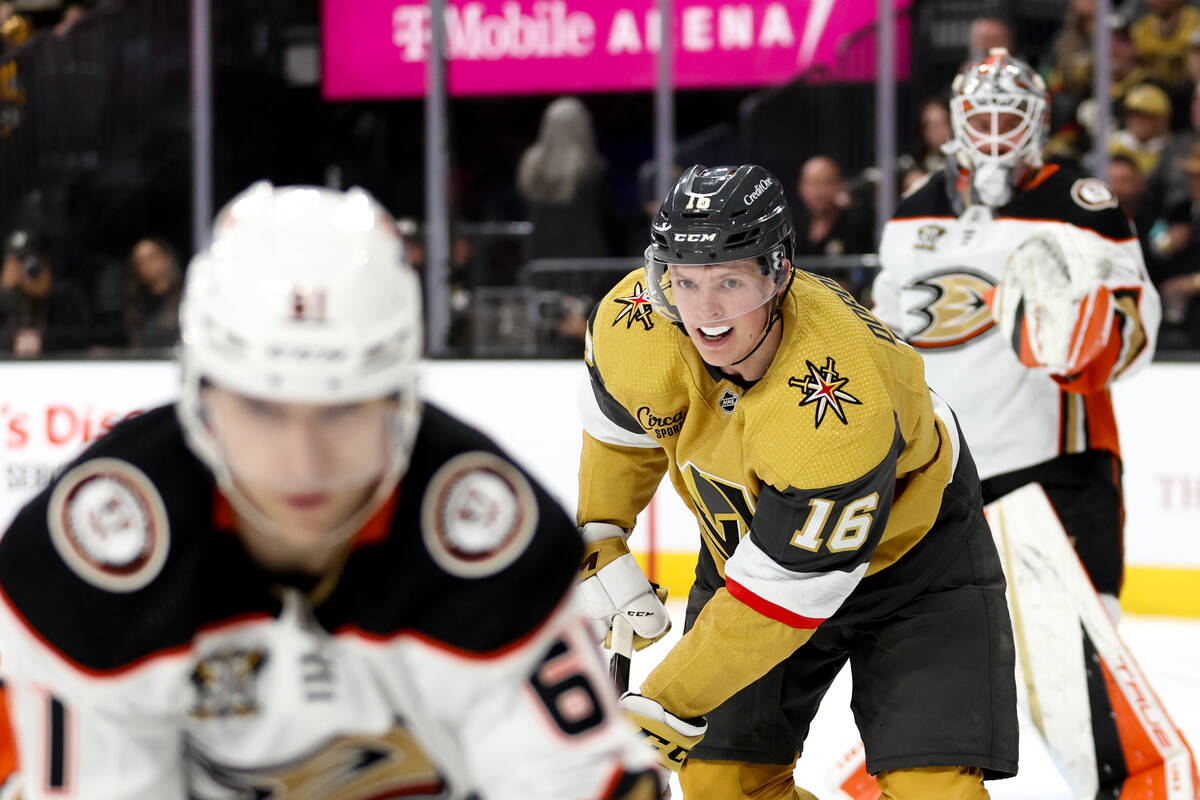 Golden Knights left wing Pavel Dorofeyev (16) eyes the action while the Ducks hold the puck dur ...