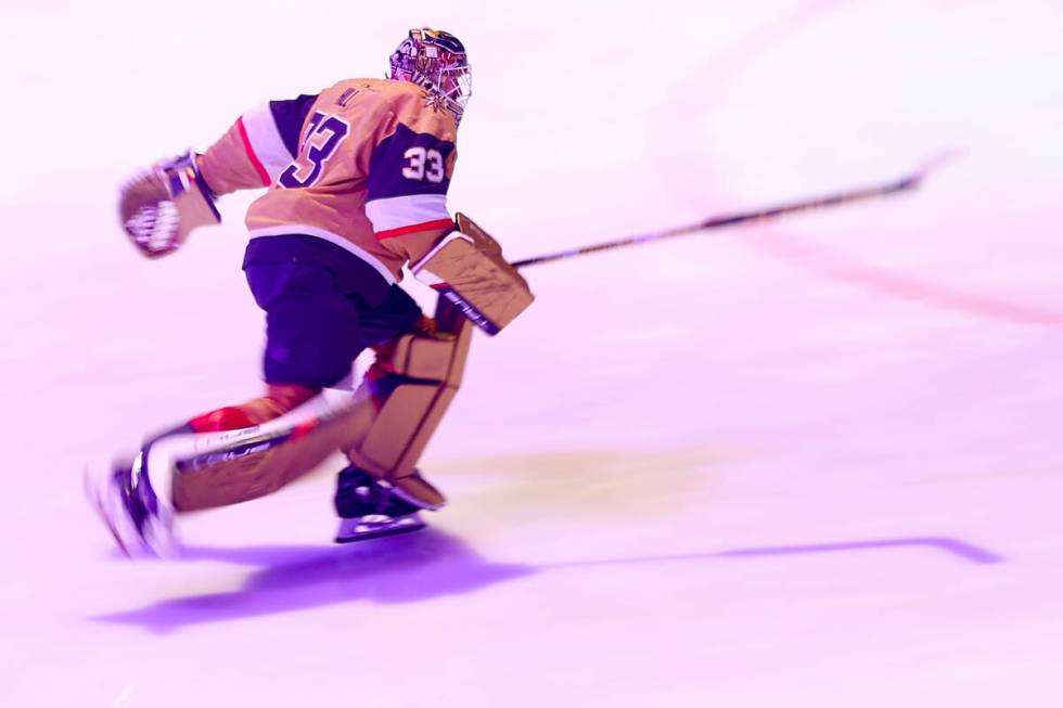 Golden Knights goaltender Adin Hill (33) takes the ice for an NHL hockey game against the Ducks ...