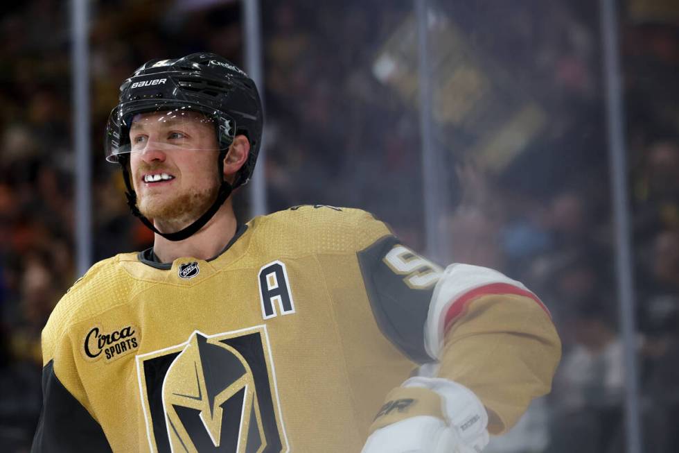 Golden Knights center Jack Eichel (9) skates on the ice before the second period of an NHL hock ...