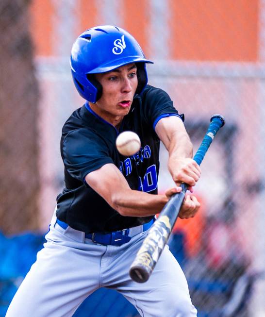 Sierra Vista batter Owen Angelo (30) attempts a bunt from a Legacy pitcher during the sixth inn ...