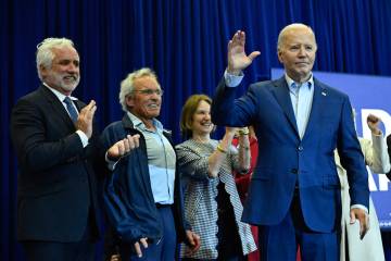 President Joe Biden gestures as members of the Kennedy family endorse his presidential campaign ...